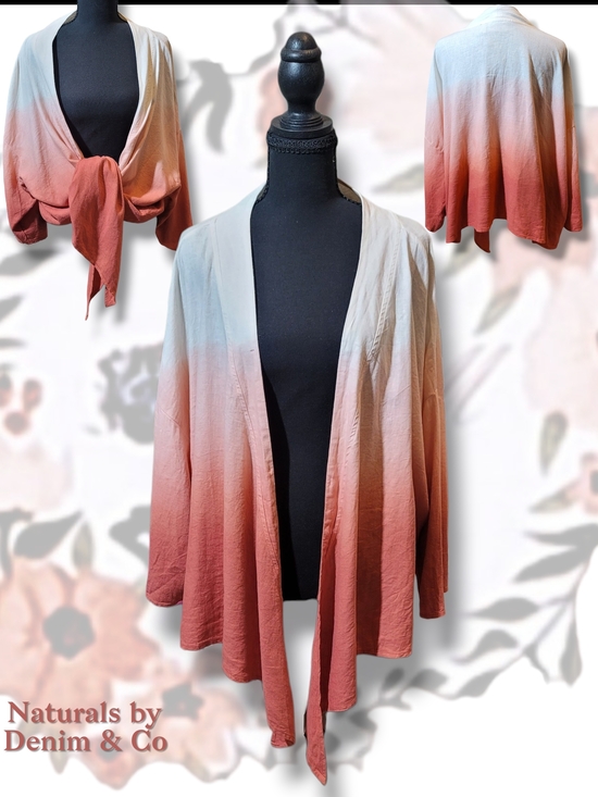 Denim&Co Sweaters - Naturals Ombre Tie-Front Open Cardigan - Cream to Rose/Coral 4X